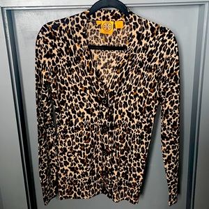 Tory Burch Leopard Brown Black wool light weight cardigan size XS Like NEW